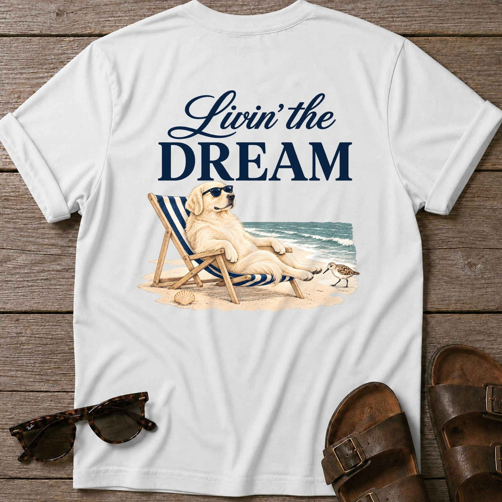 Livin' the Dream Cream Retriever Back Design T-Shirt in White, Salty Paws coastal t-shirt