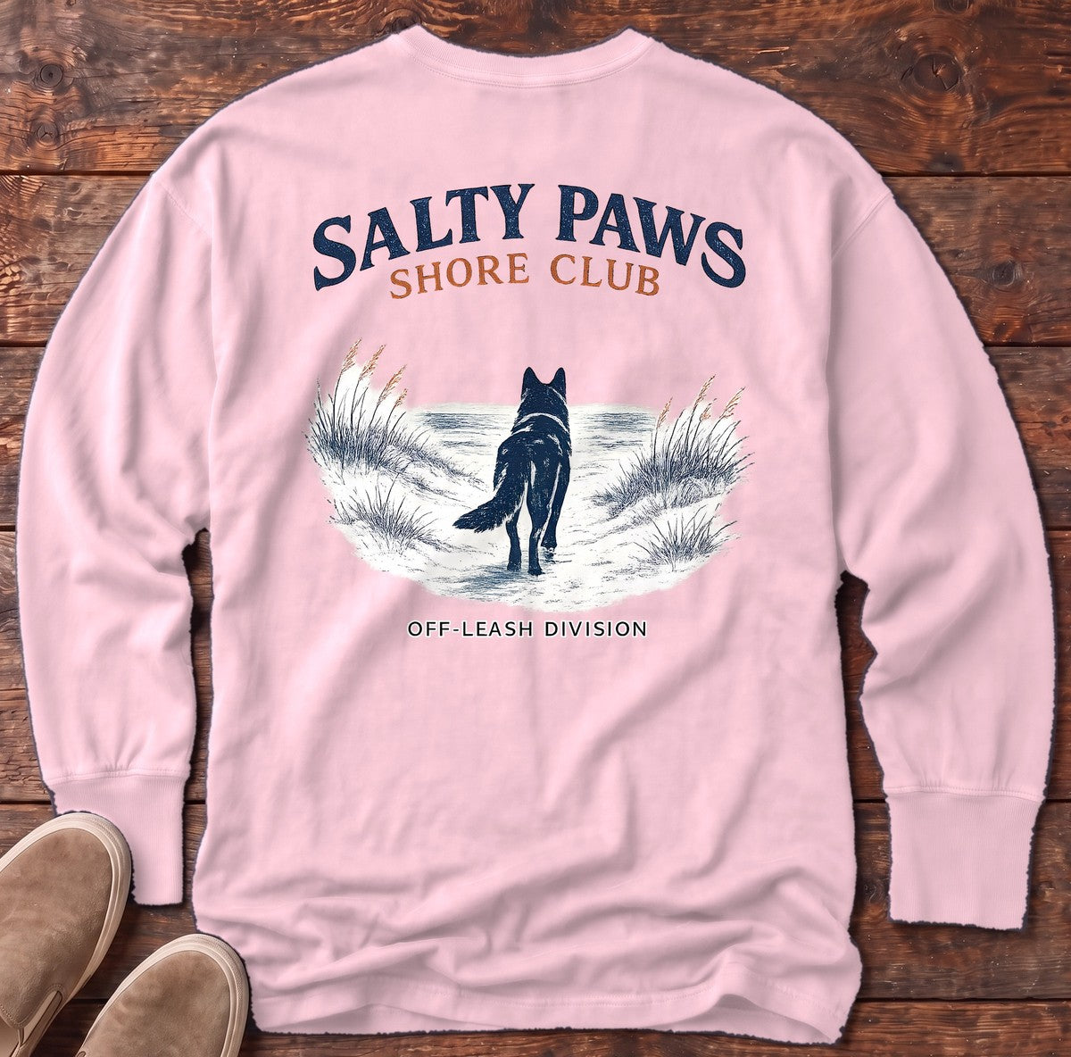 SP Shore Shepherd Back Design Long Sleeve Tee in Blossom, Salty Paws Comfort Colors long sleeve tee