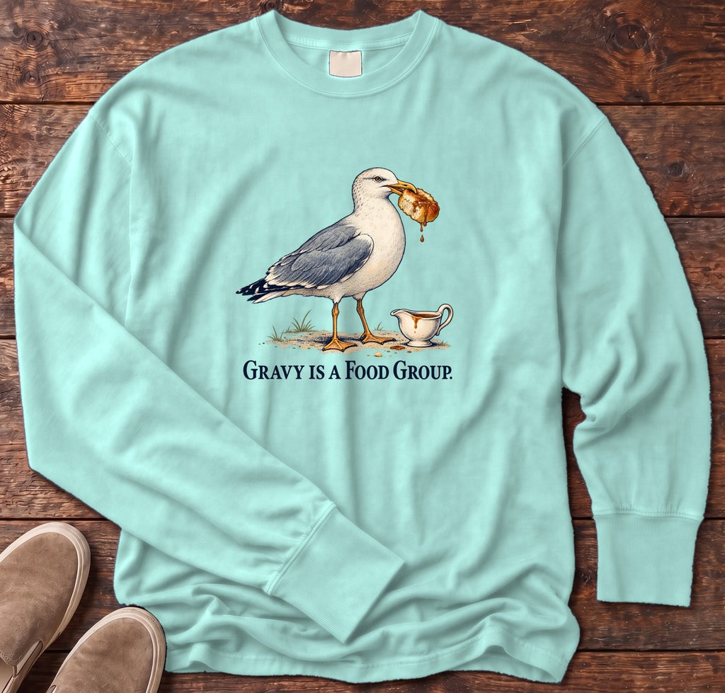 Gravy Is a Food Group Seagull Long Sleeve Tee in Chalky Mint, Salty Paws Comfort Colors Long Sleeve Tee, front design flat lay