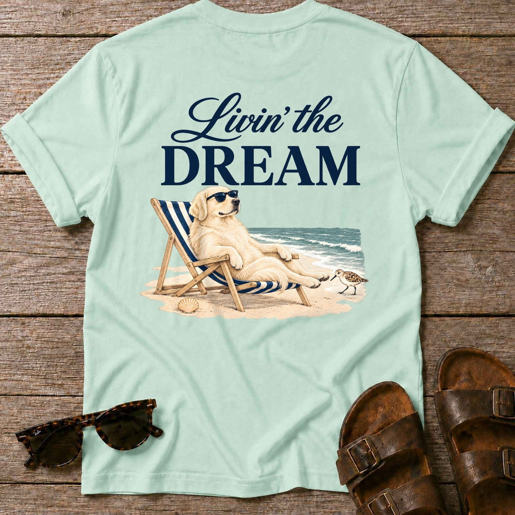 Livin' the Dream Cream Retriever Back Design T-Shirt in Mint Green, Salty Paws coastal t-shirt