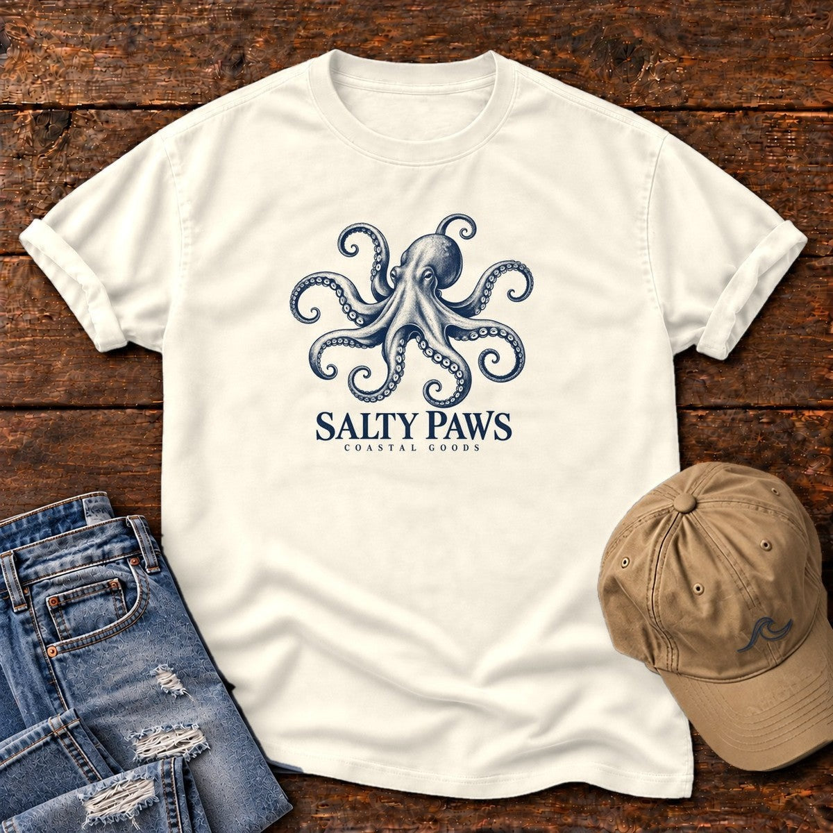 Octopus Coastal Goods T-Shirt in Ivory, Salty Paws Comfort Colors T-Shirt, front design flat lay