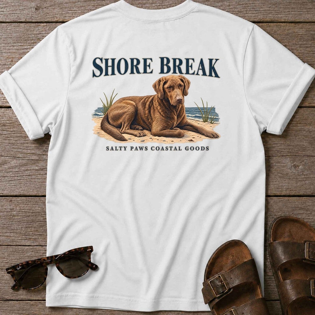 Shore Break Chesapeake Bay Retriever Back Design T-Shirt in White, Salty Paws coastal t-shirt