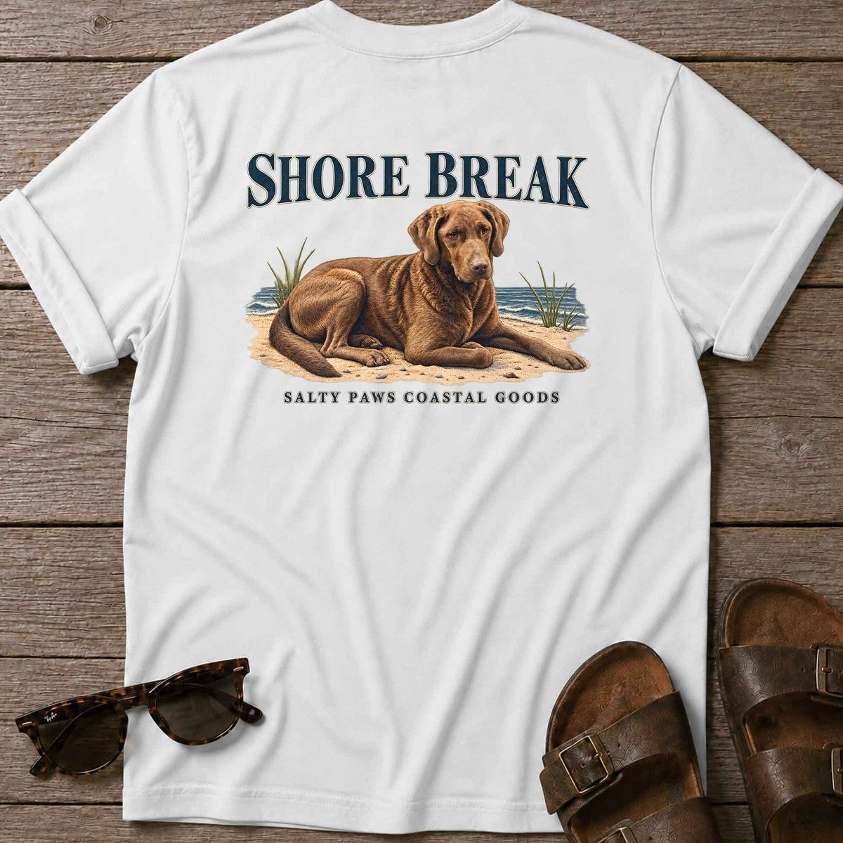 Shore Break Chesapeake Bay Retriever Back Design T-Shirt in White, Salty Paws coastal t-shirt