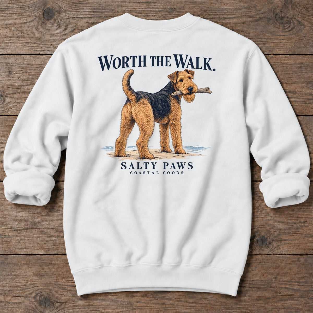 Worth the Walk Airedale Back Design Midweight Sweatshirt in White, Salty Paws Midweight Sweatshirt, back design flat lay