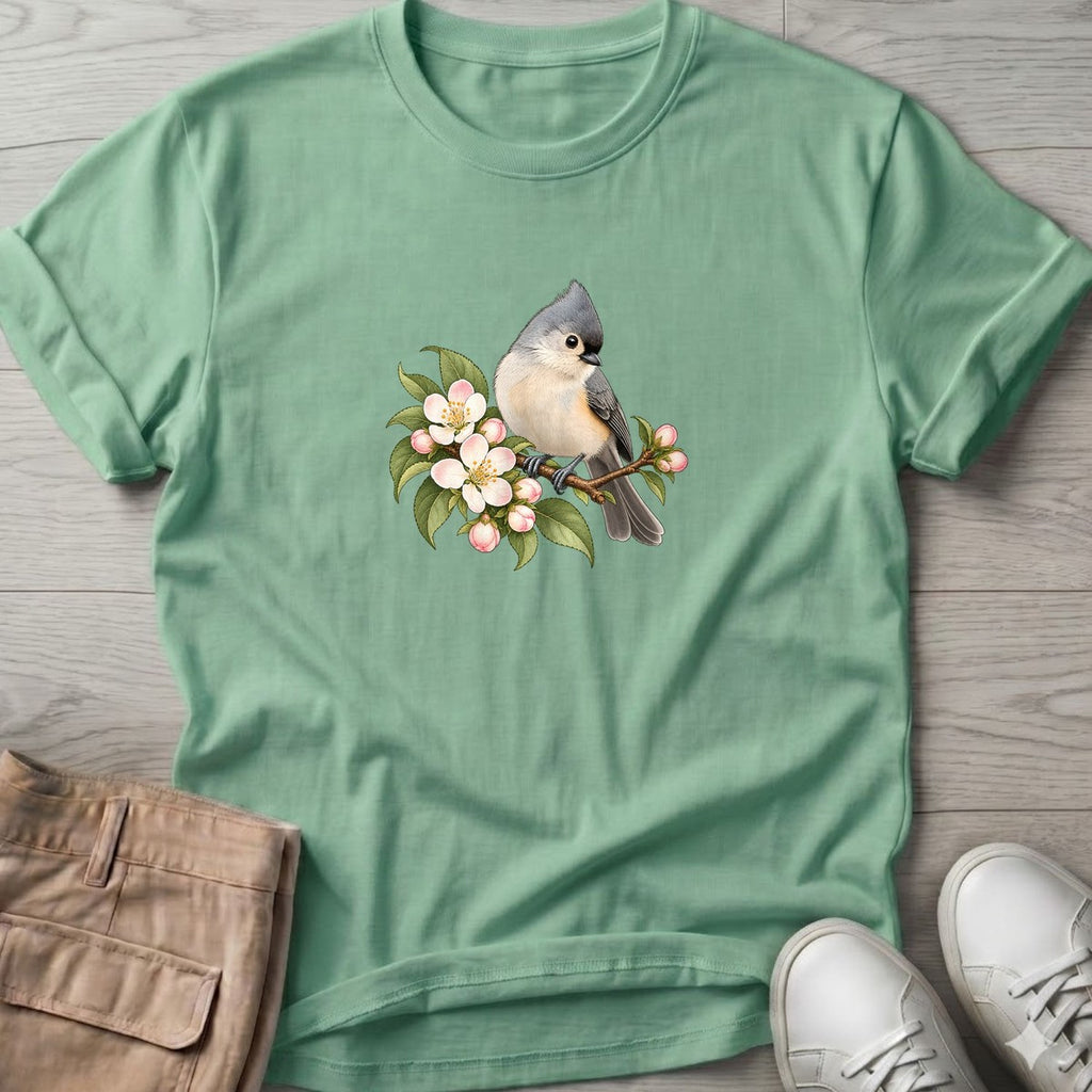 Tufted Titmouse Blossom T-Shirt in Mint Green, Salty Paws coastal t-shirt