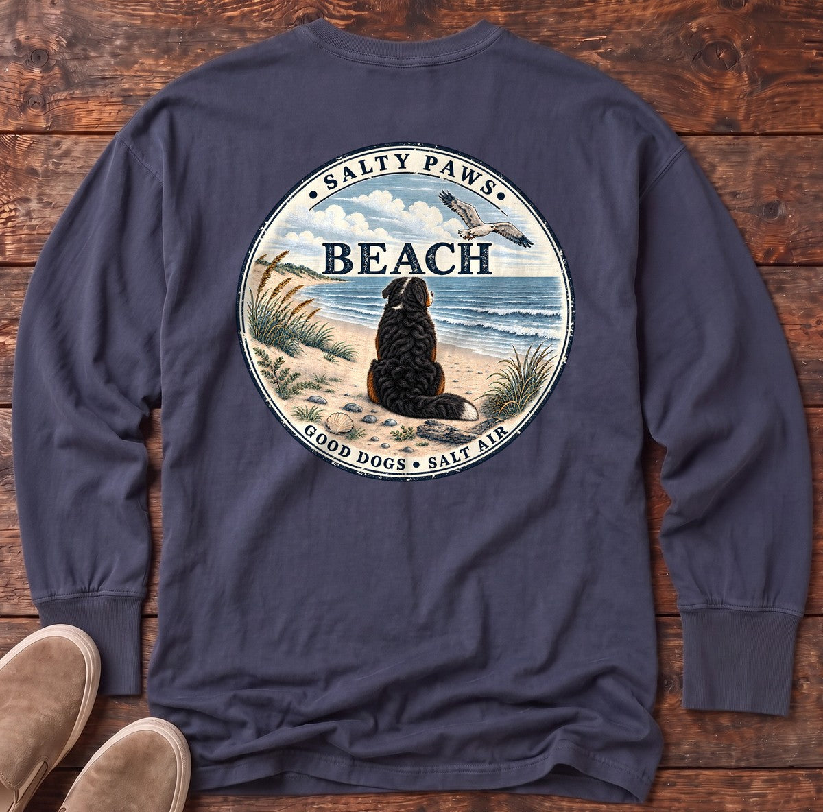 Salty Paws Beach Bernese Back Design Long Sleeve Tee in True Navy, Salty Paws Comfort Colors long sleeve tee