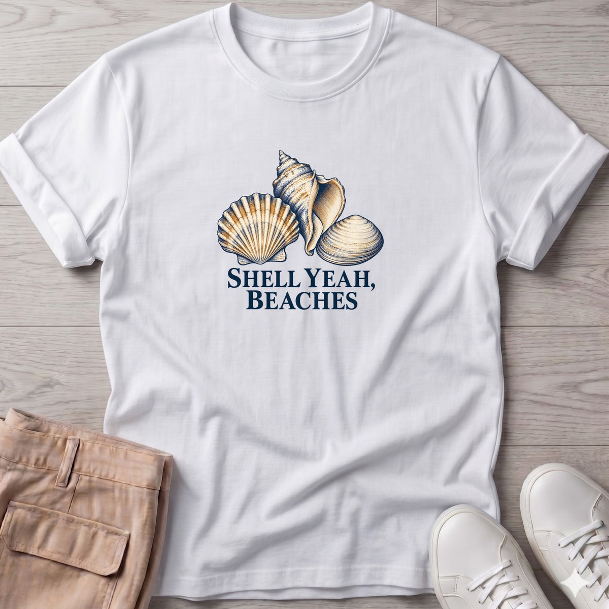 Shell Yeah Beaches T-Shirt in White, Salty Paws T-Shirt, front design flat lay