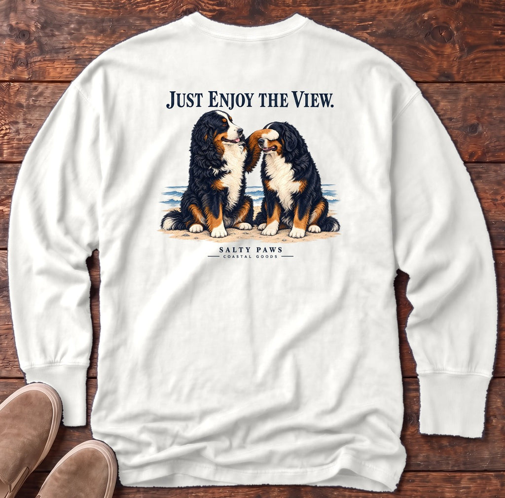 Just Enjoy the View Bernese Back Design Long Sleeve Tee in White, Salty Paws Comfort Colors long sleeve tee