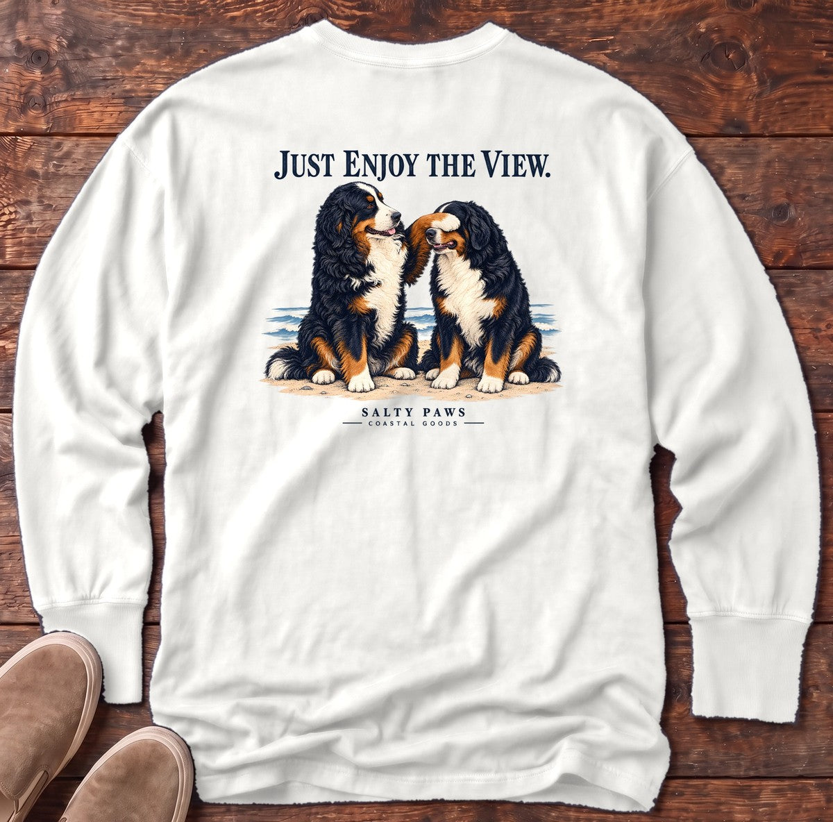 Just Enjoy the View Bernese Back Design Long Sleeve Tee in White, Salty Paws Comfort Colors long sleeve tee