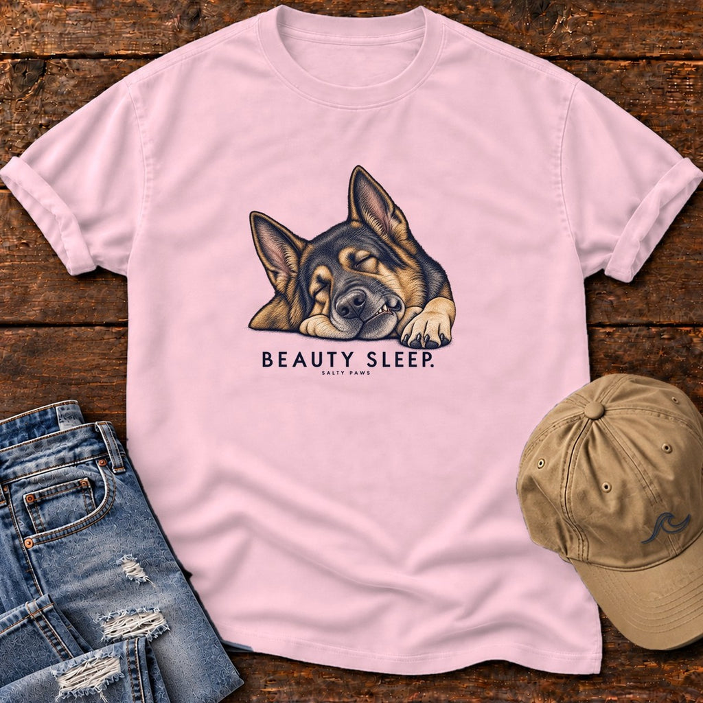 Beauty Sleep German Shepherd T-Shirt in Blossom, Salty Paws Comfort Colors T-Shirt, front design flat lay