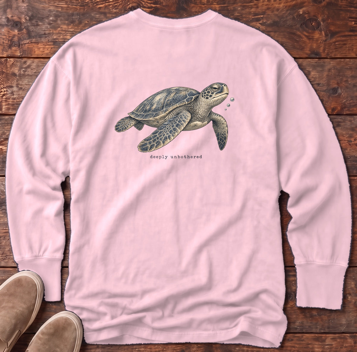 Deeply Unbothered Sea Turtle Back Design Long Sleeve Tee Comfort Colors in Blossom, Salty Paws Comfort Colors Long Sleeve Tee, back design flat lay