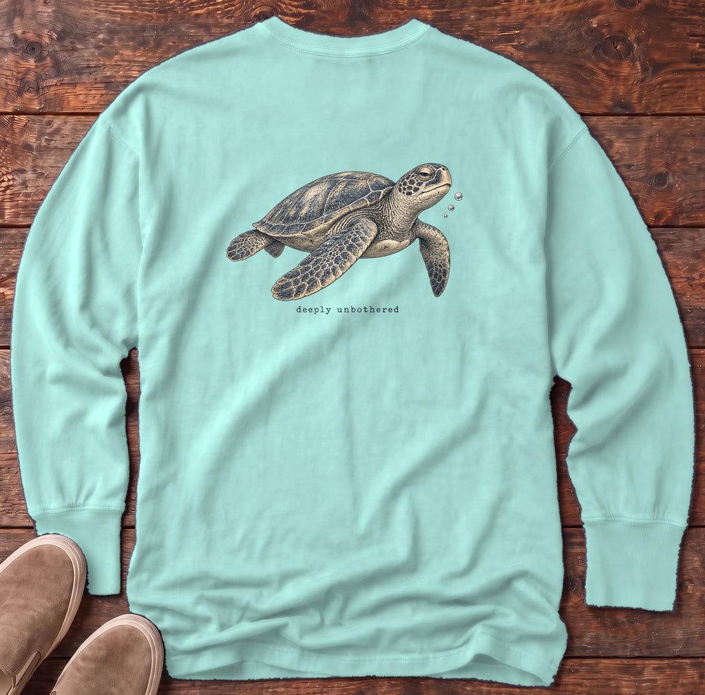 Deeply Unbothered Sea Turtle Back Design Long Sleeve Tee Comfort Colors in Chalky Mint, Salty Paws Comfort Colors Long Sleeve Tee, back design flat lay