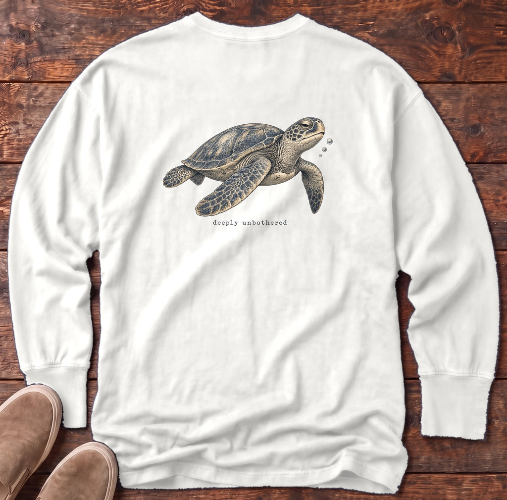 Deeply Unbothered Sea Turtle Back Design Long Sleeve Tee Comfort Colors in White, Salty Paws Comfort Colors Long Sleeve Tee, back design flat lay