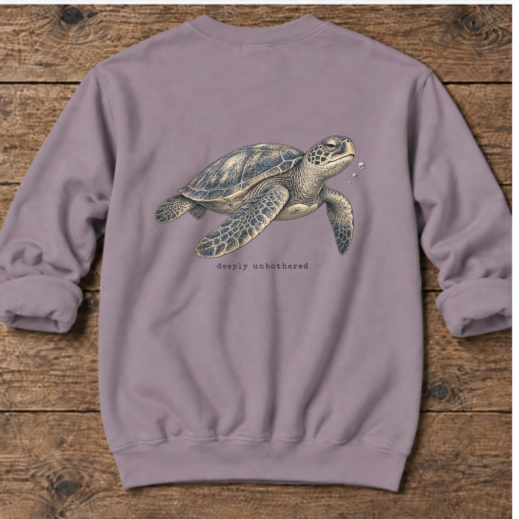 Deeply Unbothered Sea Turtle Back Design Midweight Sweatshirt in Paragon, Salty Paws Midweight Sweatshirt, back design flat lay