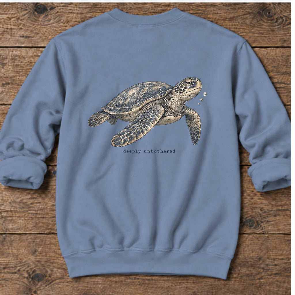 Deeply Unbothered Sea Turtle Back Design Midweight Sweatshirt in Stone Blue, Salty Paws Midweight Sweatshirt, back design flat lay