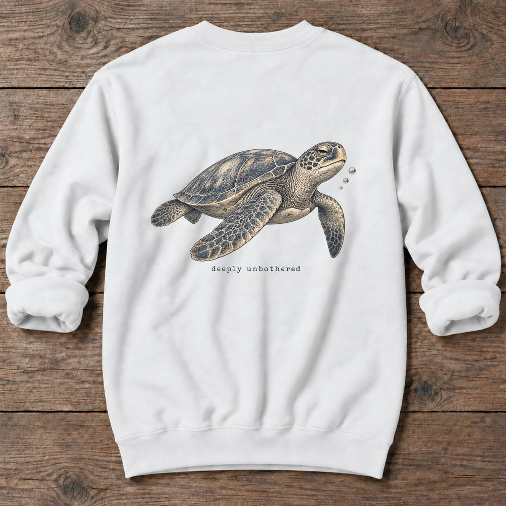 Deeply Unbothered Sea Turtle Back Design Midweight Sweatshirt in White, Salty Paws Midweight Sweatshirt, back design flat lay