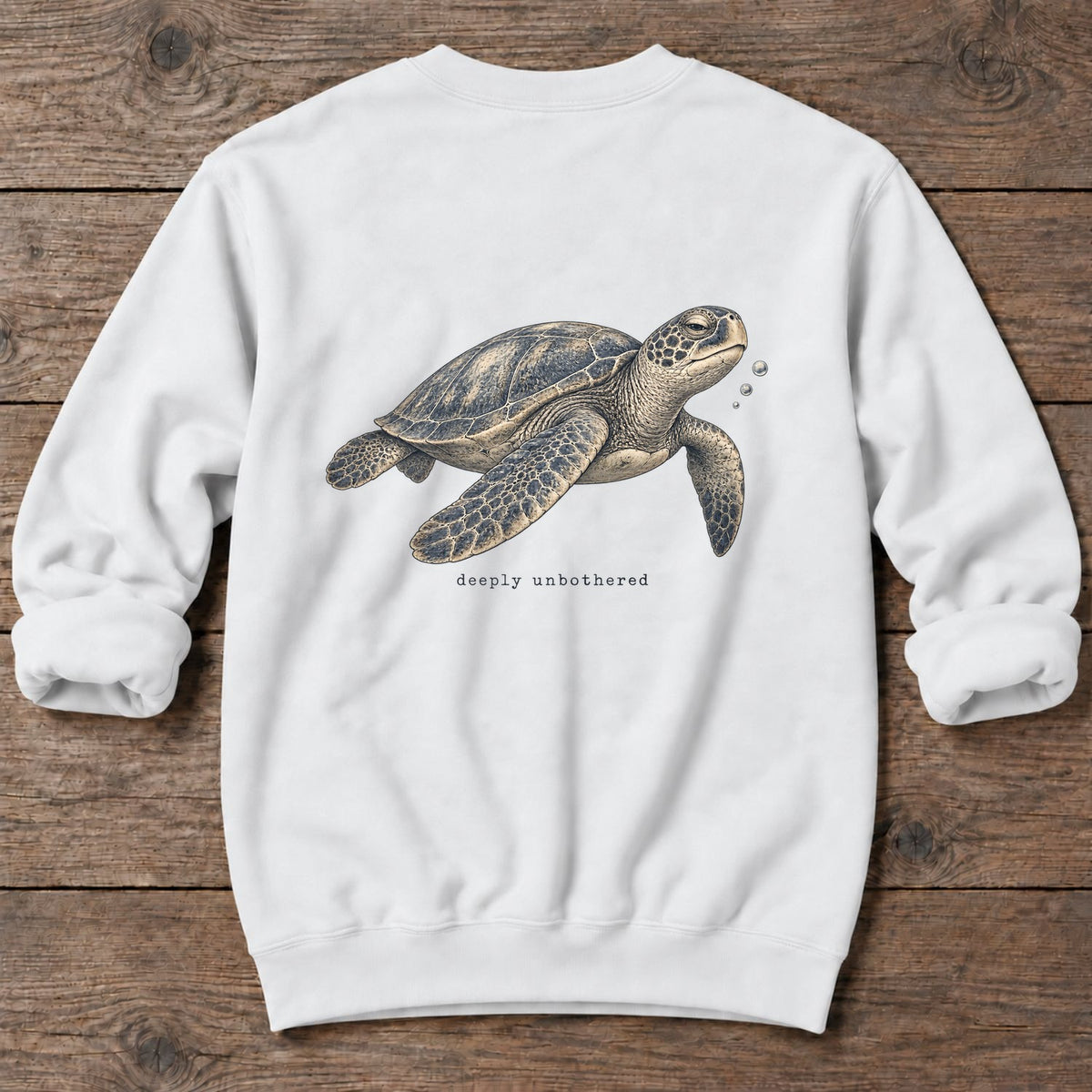 Deeply Unbothered Sea Turtle Back Design Midweight Sweatshirt in White, Salty Paws Midweight Sweatshirt, back design flat lay