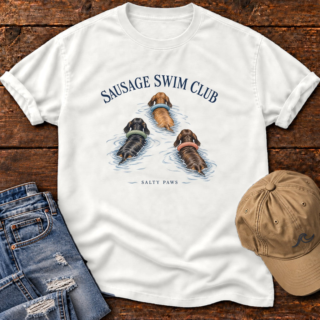 Sausage Swim Club Dachshund Trio T-Shirt in White, Salty Paws Comfort Colors T-Shirt, front design flat lay