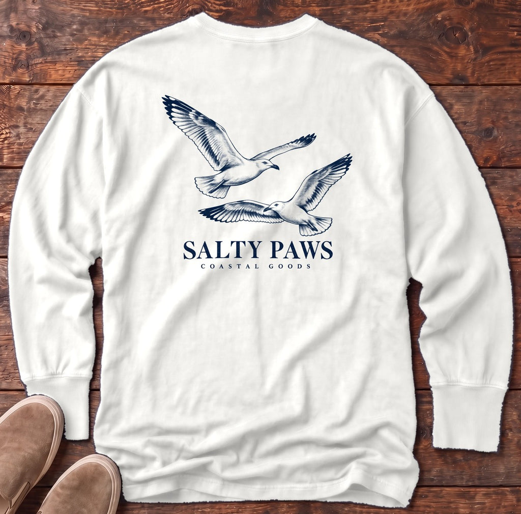 Gull Flight Coastal Goods Back Design Long Sleeve Tee in White, Salty Paws Comfort Colors Long Sleeve Tee, back design flat lay