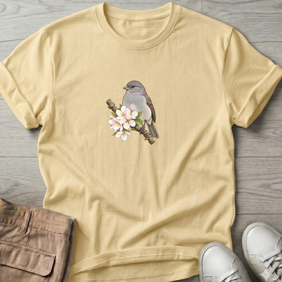 Gray Bird Blossom T-Shirt in Cornsilk