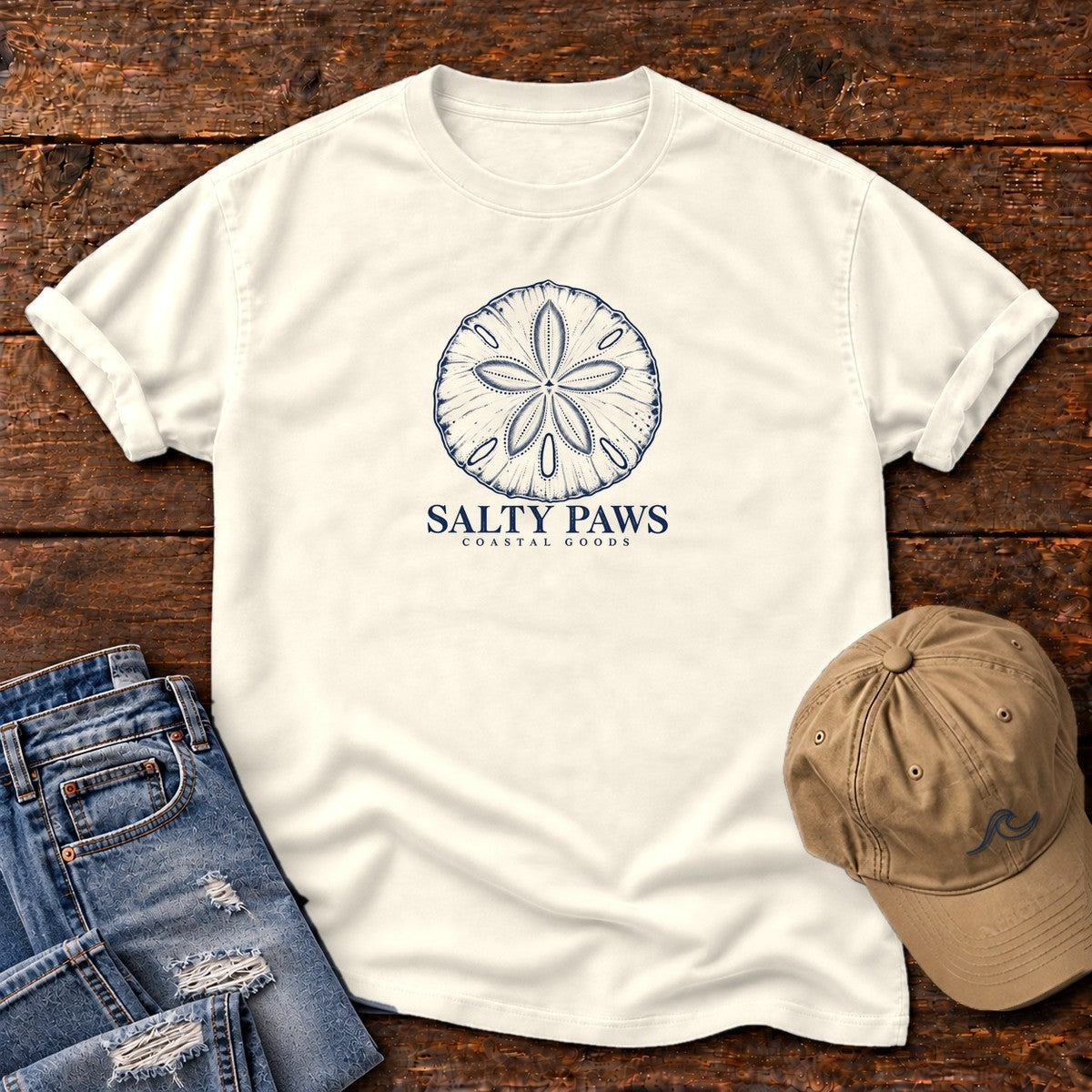 Sand Dollar T-Shirt in Ivory, Salty Paws Comfort Colors T-Shirt, front design flat lay