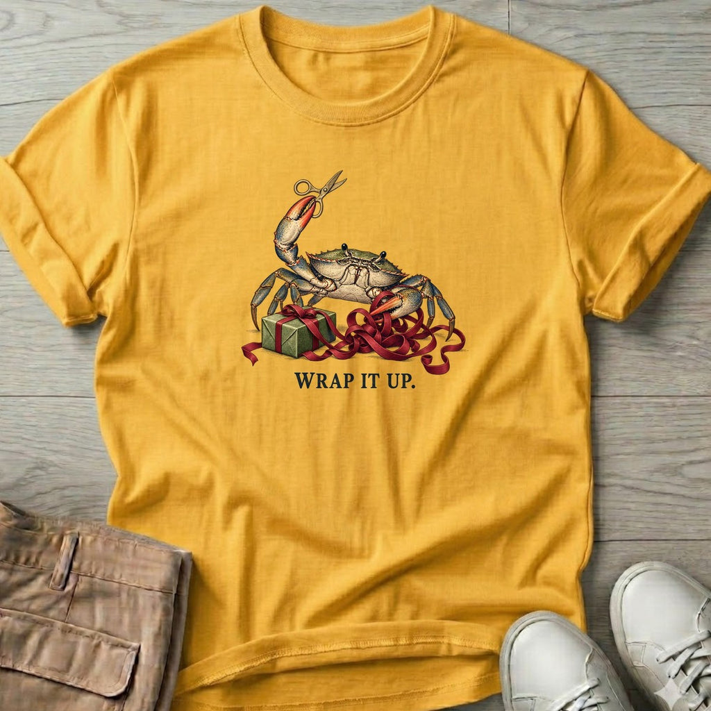 Wrap It Up Crab T-Shirt in Daisy, Salty Paws T-Shirt, front design flat lay