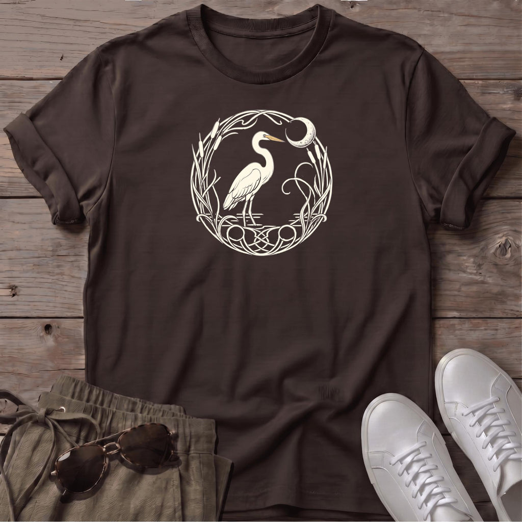 Egret Moon T-Shirt — Beach Line Art Tee - coastal bird graphic t-shirt, Salty Paws