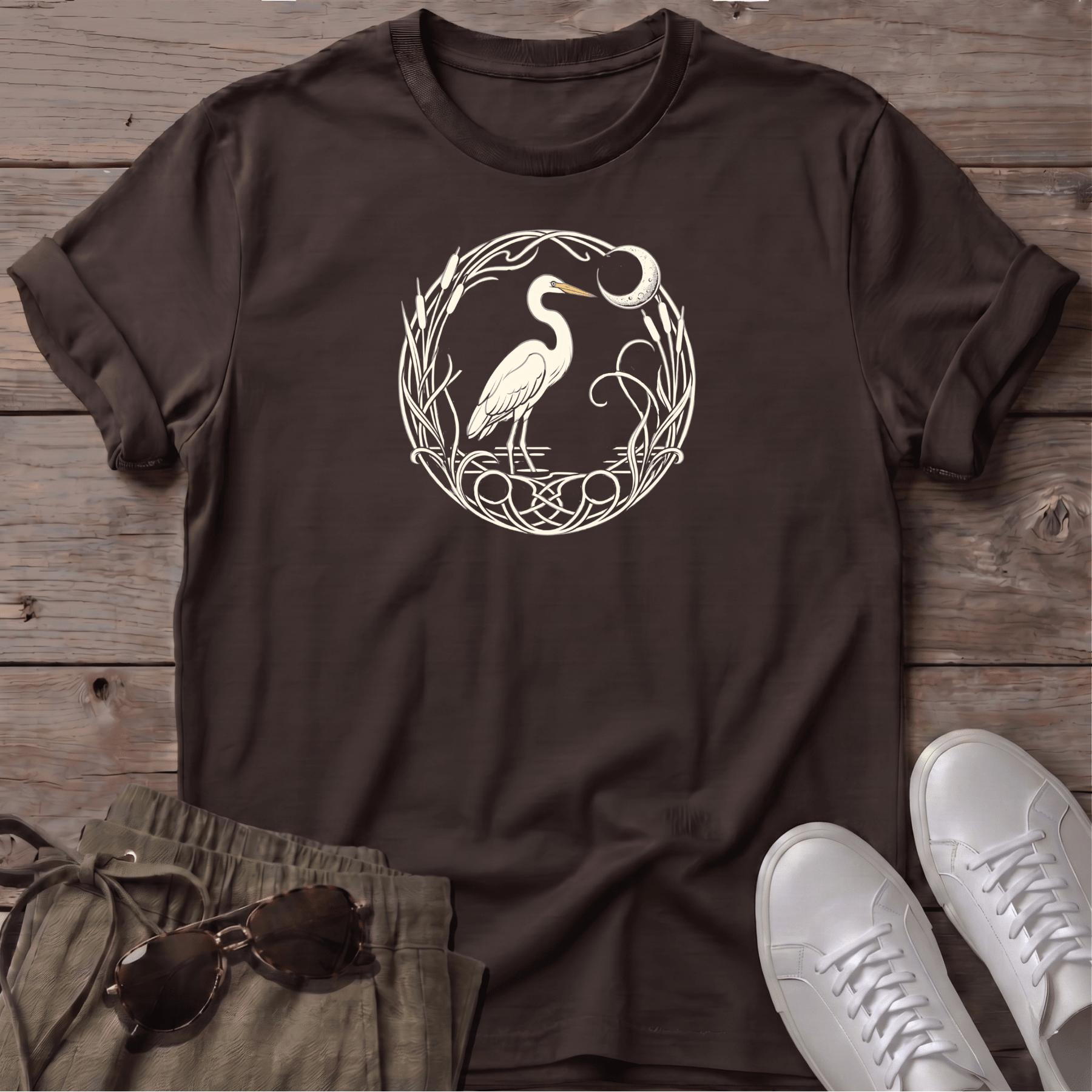 Egret Moon T-Shirt — Beach Line Art Tee - coastal bird graphic t-shirt, Salty Paws