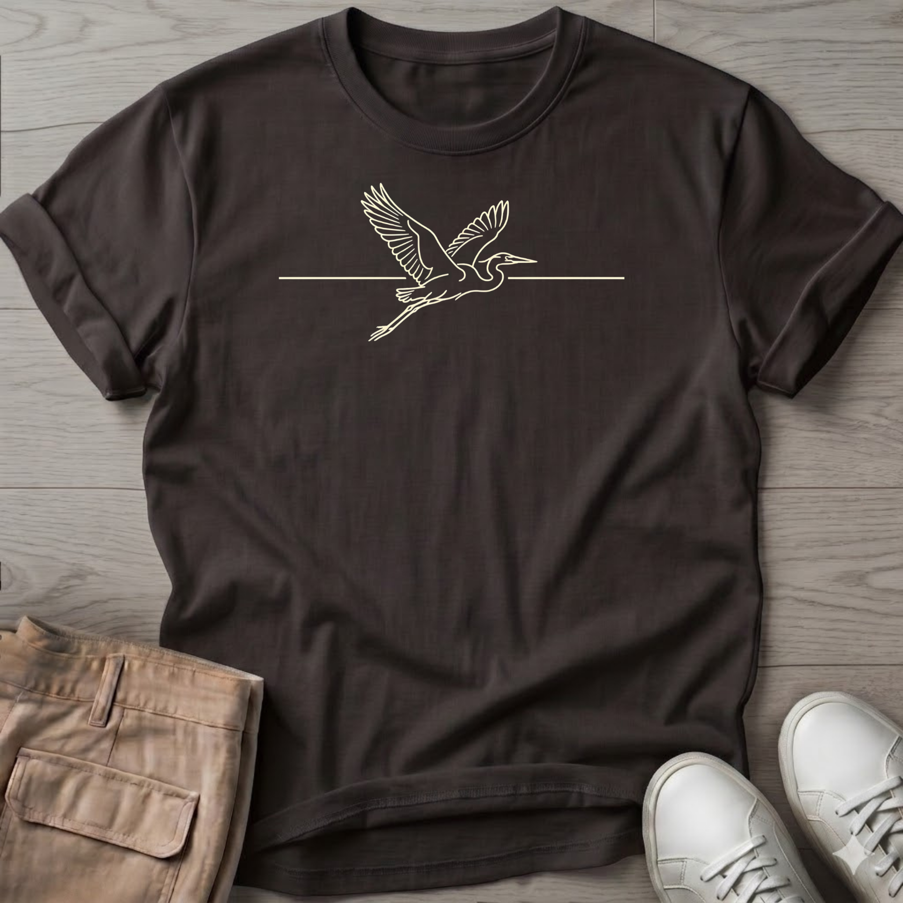 Great Heron Flight Beach Ocean Line Art Tee