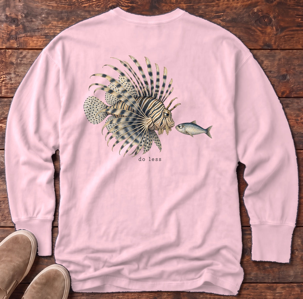 Do Less Lionfish Back Design Long Sleeve Tee Comfort Colors in Blossom, Salty Paws Comfort Colors Long Sleeve Tee, back design flat lay
