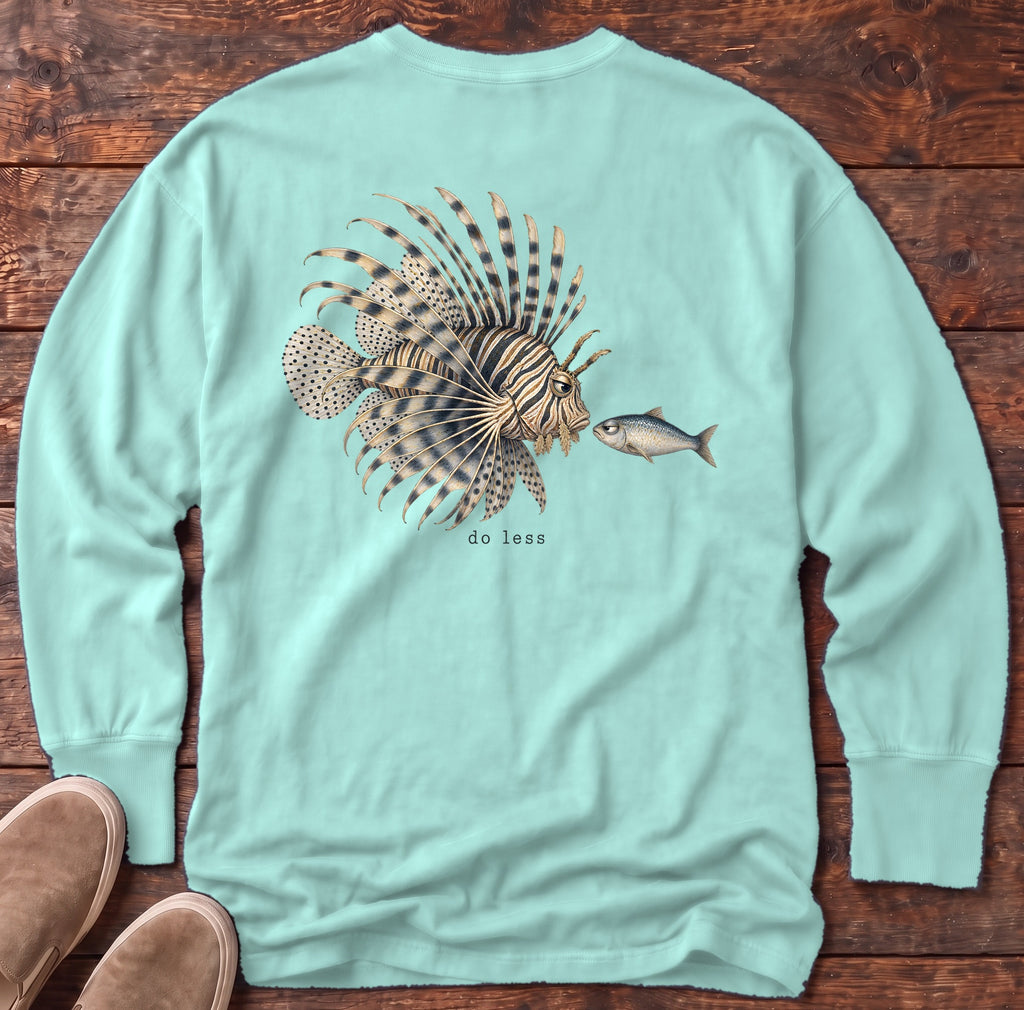 Do Less Lionfish Back Design Long Sleeve Tee Comfort Colors in Chalky Mint, Salty Paws Comfort Colors Long Sleeve Tee, back design flat lay