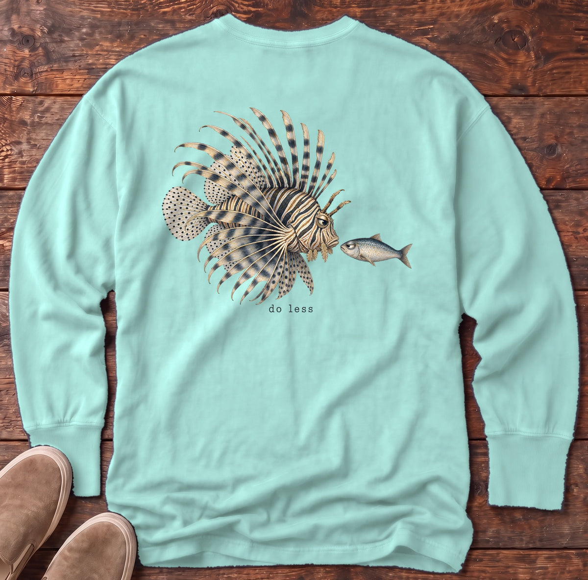 Do Less Lionfish Back Design Long Sleeve Tee Comfort Colors in Chalky Mint, Salty Paws Comfort Colors Long Sleeve Tee, back design flat lay