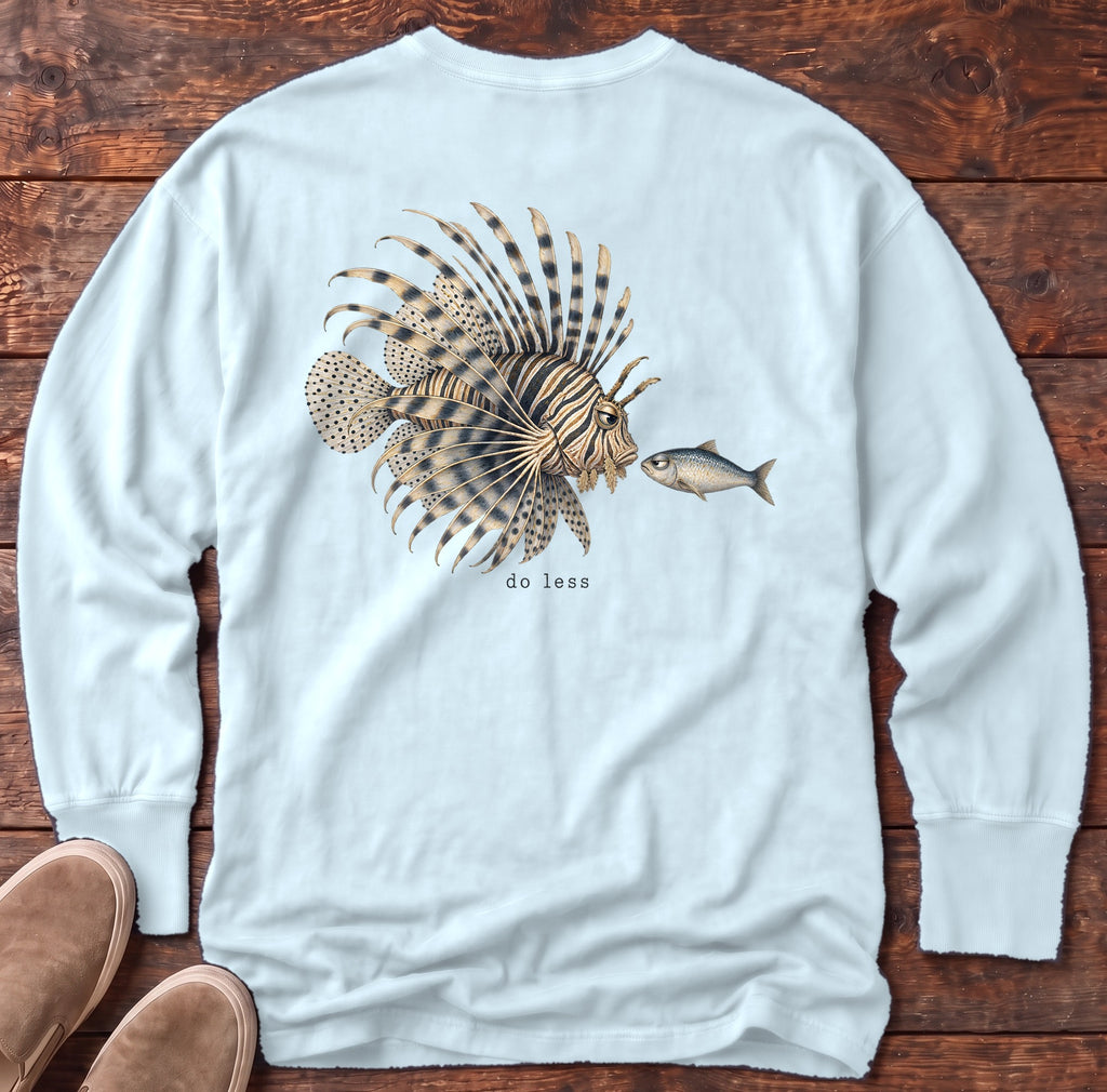 Do Less Lionfish Back Design Long Sleeve Tee Comfort Colors in Chambray, Salty Paws Comfort Colors Long Sleeve Tee, back design flat lay