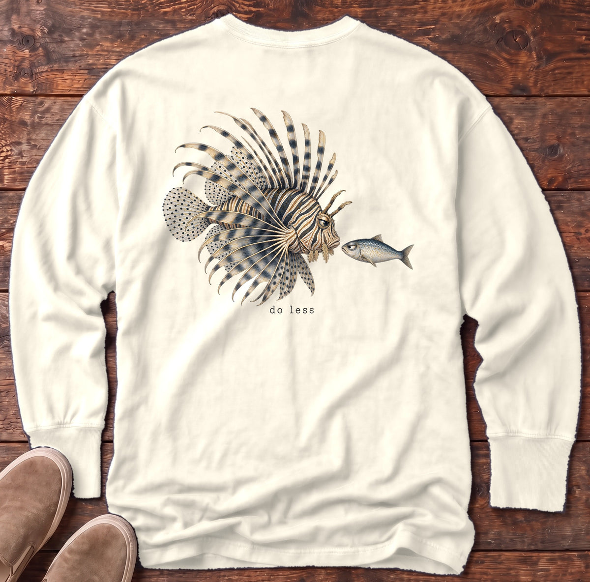 Do Less Lionfish Back Design Long Sleeve Tee Comfort Colors in Ivory, Salty Paws Comfort Colors Long Sleeve Tee, back design flat lay