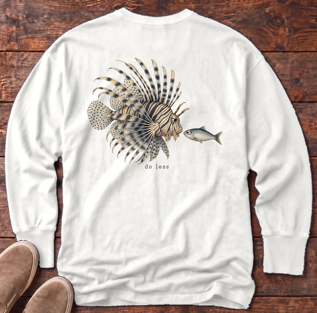Do Less Lionfish Back Design Long Sleeve Tee Comfort Colors in White, Salty Paws Comfort Colors Long Sleeve Tee, back design flat lay