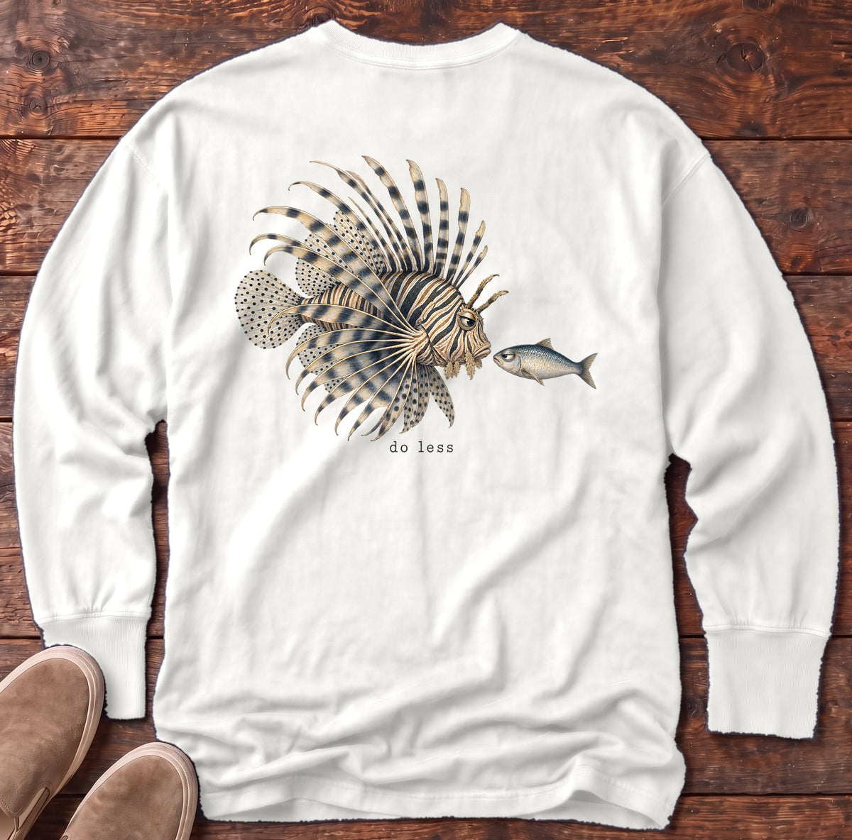 Do Less Lionfish Back Design Long Sleeve Tee Comfort Colors in White, Salty Paws Comfort Colors Long Sleeve Tee, back design flat lay