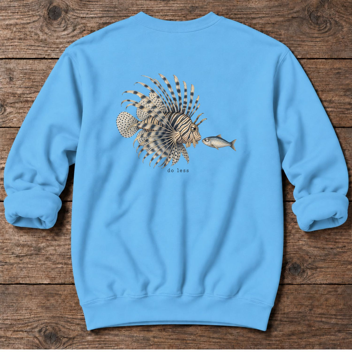 Do Less Lionfish Back Design Midweight Sweatshirt in Sky, Salty Paws Midweight Sweatshirt, back design flat lay