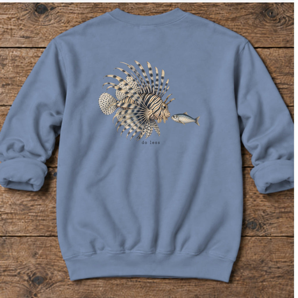 Do Less Lionfish Back Design Midweight Sweatshirt in Stone Blue, Salty Paws Midweight Sweatshirt, back design flat lay