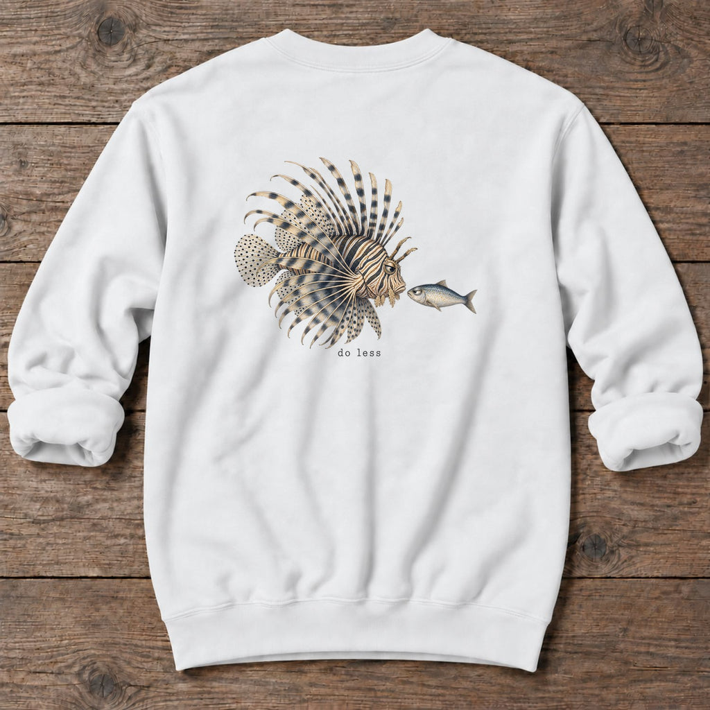 Do Less Lionfish Back Design Midweight Sweatshirt in White, Salty Paws Midweight Sweatshirt, back design flat lay