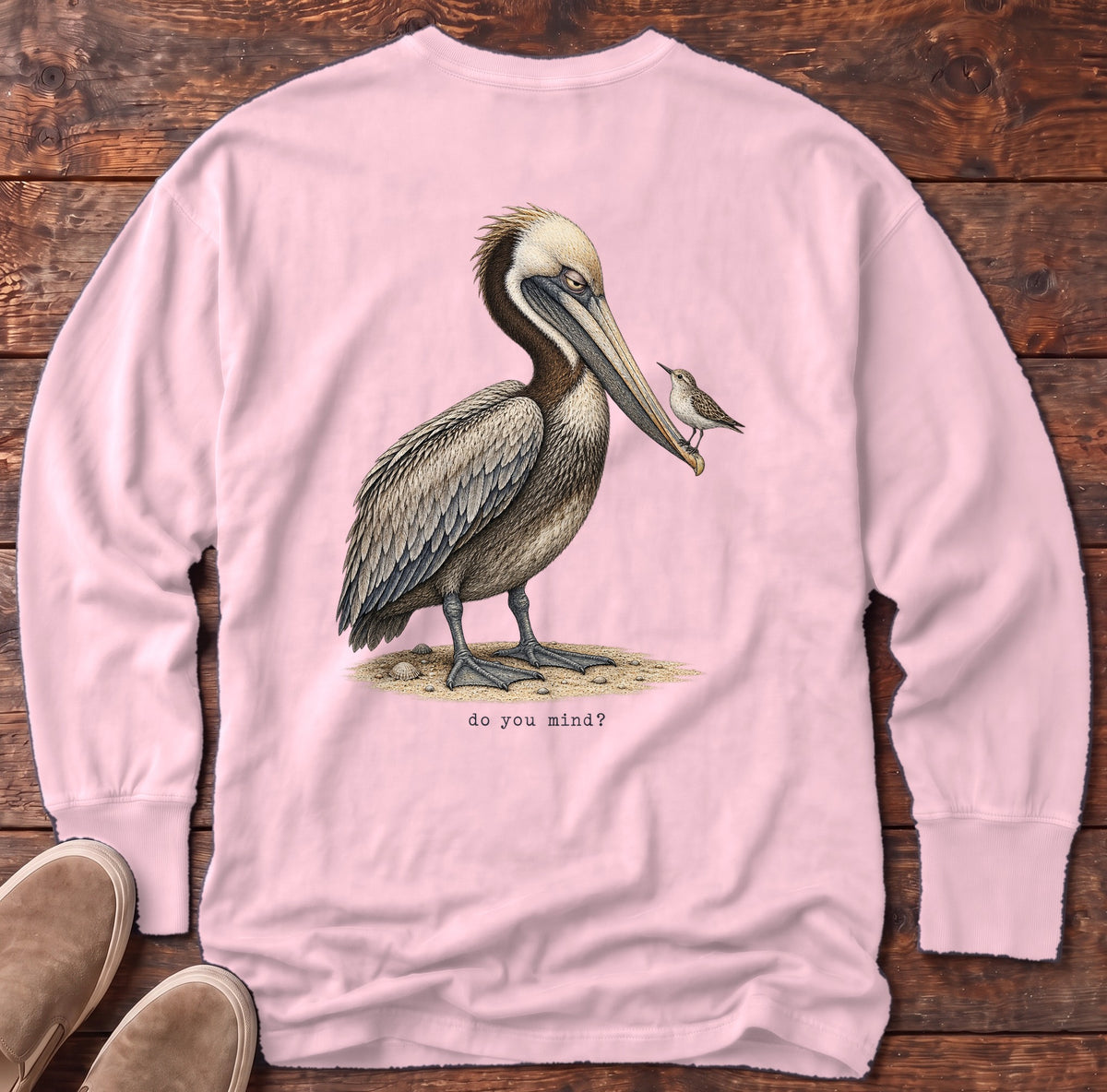 Do You Mind? Pelican Back Design Long Sleeve Tee Comfort Colors in Blossom, Salty Paws Comfort Colors Long Sleeve Tee, back design flat lay