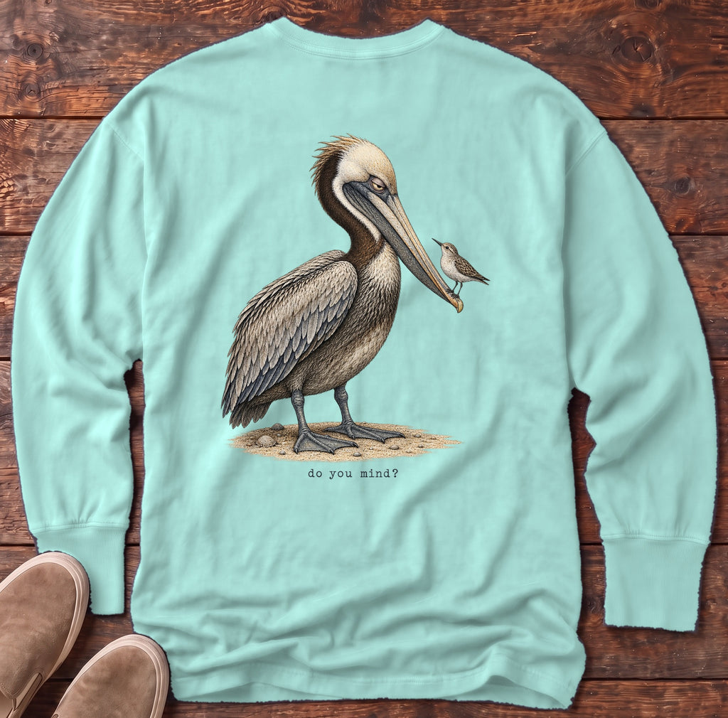 Do You Mind? Pelican Back Design Long Sleeve Tee Comfort Colors in Chalky Mint, Salty Paws Comfort Colors Long Sleeve Tee, back design flat lay
