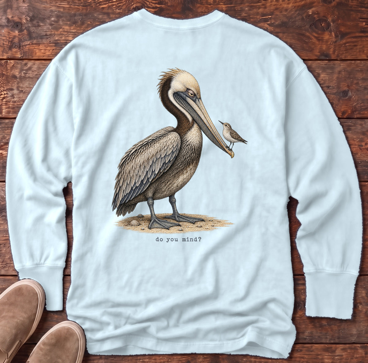 Do You Mind? Pelican Back Design Long Sleeve Tee Comfort Colors in Chambray, Salty Paws Comfort Colors Long Sleeve Tee, back design flat lay