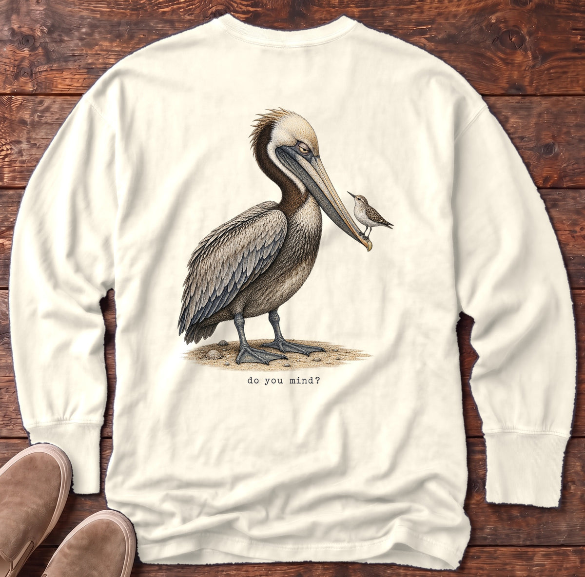 Do You Mind? Pelican Back Design Long Sleeve Tee Comfort Colors in Ivory, Salty Paws Comfort Colors Long Sleeve Tee, back design flat lay