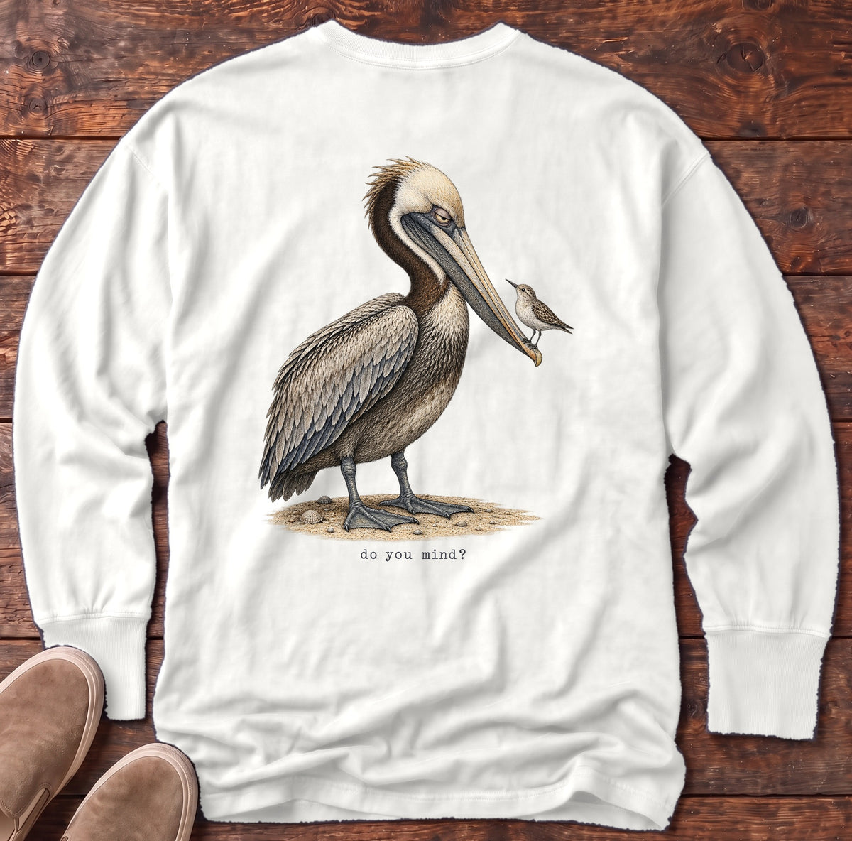 Do You Mind? Pelican Back Design Long Sleeve Tee Comfort Colors in White, Salty Paws Comfort Colors Long Sleeve Tee, back design flat lay