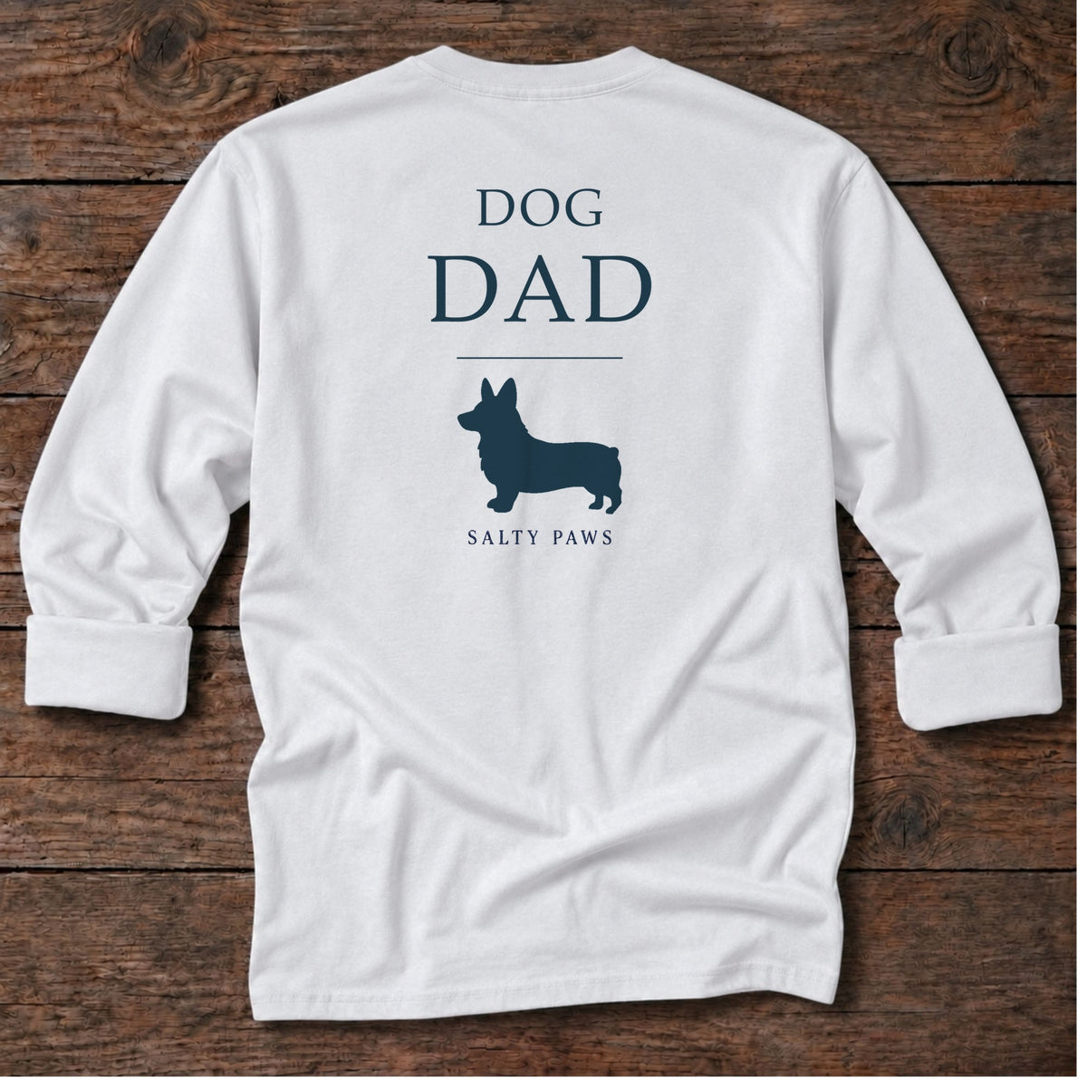 Dog Dad Back Design Long Sleeve Tee in White, Salty Paws coastal long sleeve tee
