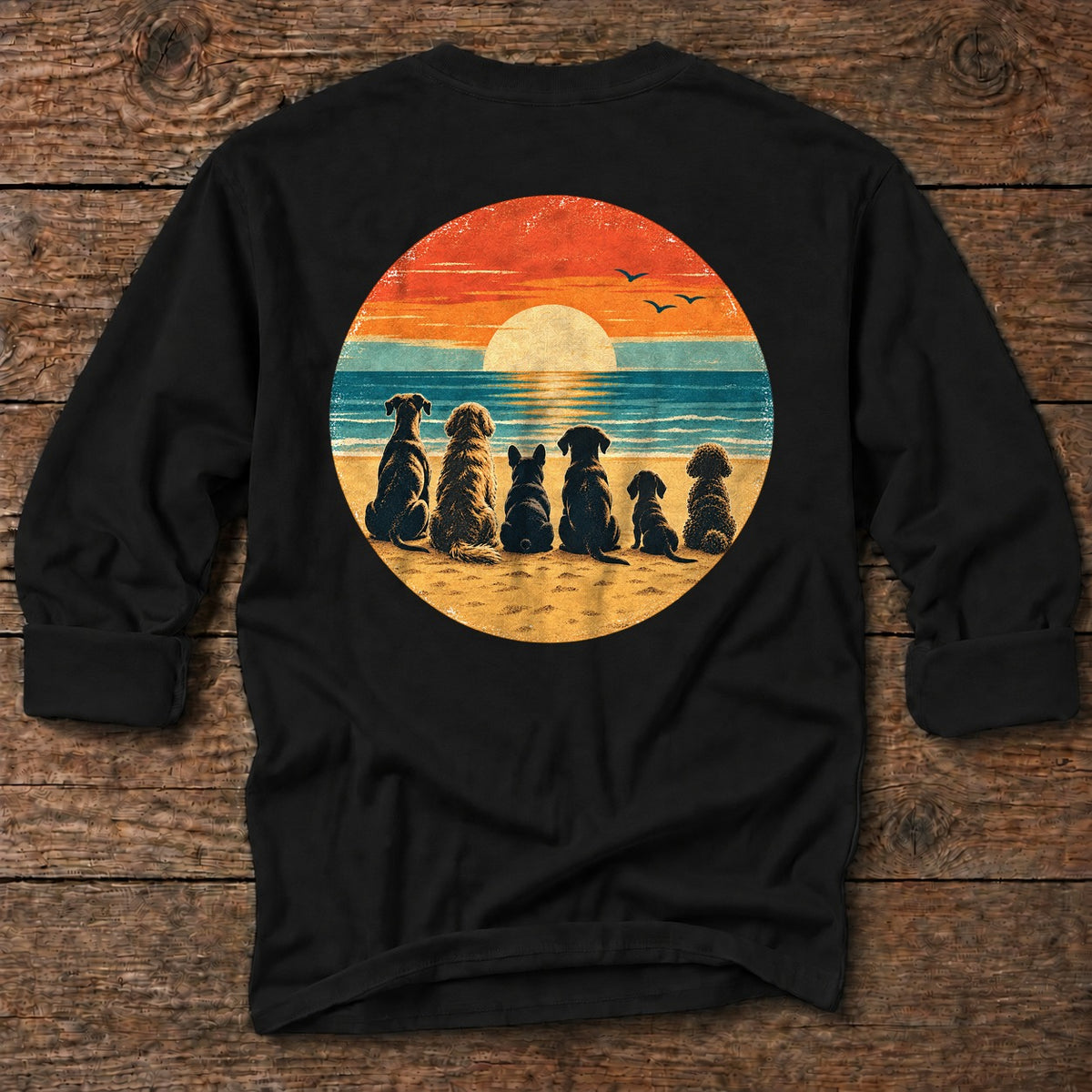 Dogs!! Sunset Back Design Long Sleeve Tee in Black, Salty Paws coastal long sleeve tee