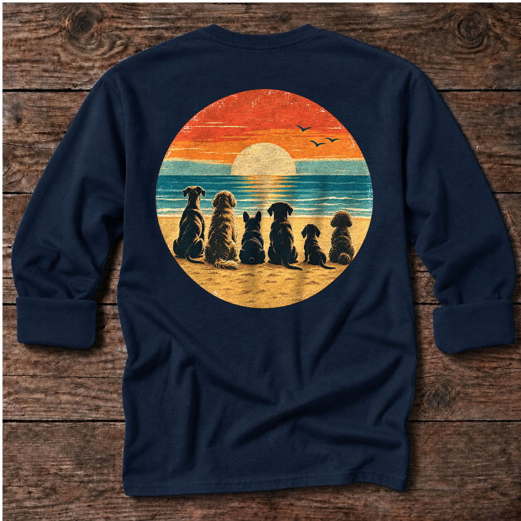 Dogs!! Sunset Back Design Long Sleeve Tee in Dark Navy, Salty Paws coastal long sleeve tee