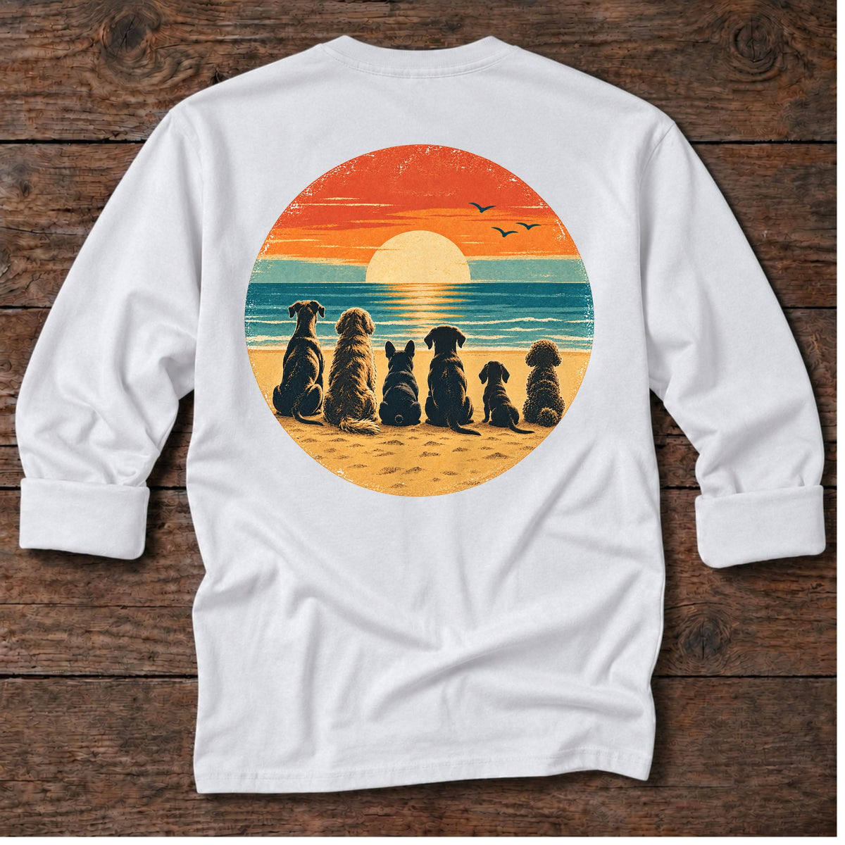 Dogs!! Sunset Back Design Long Sleeve Tee in White, Salty Paws coastal long sleeve tee