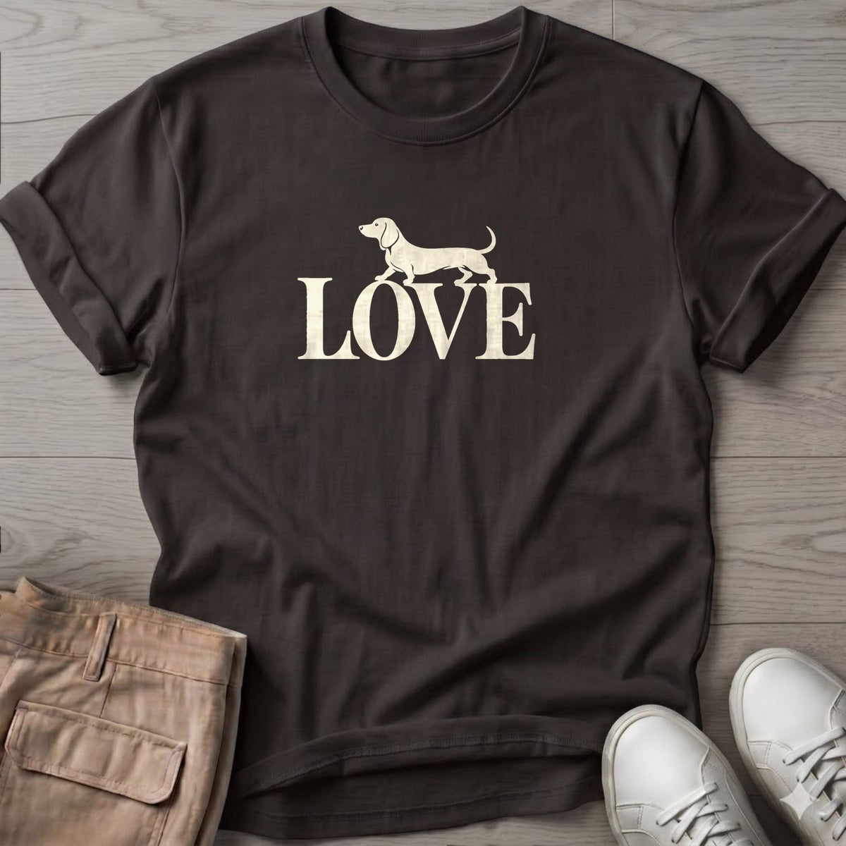 Doxie LOVE T-Shirt in Dark Chocolate, Salty Paws coastal t-shirt