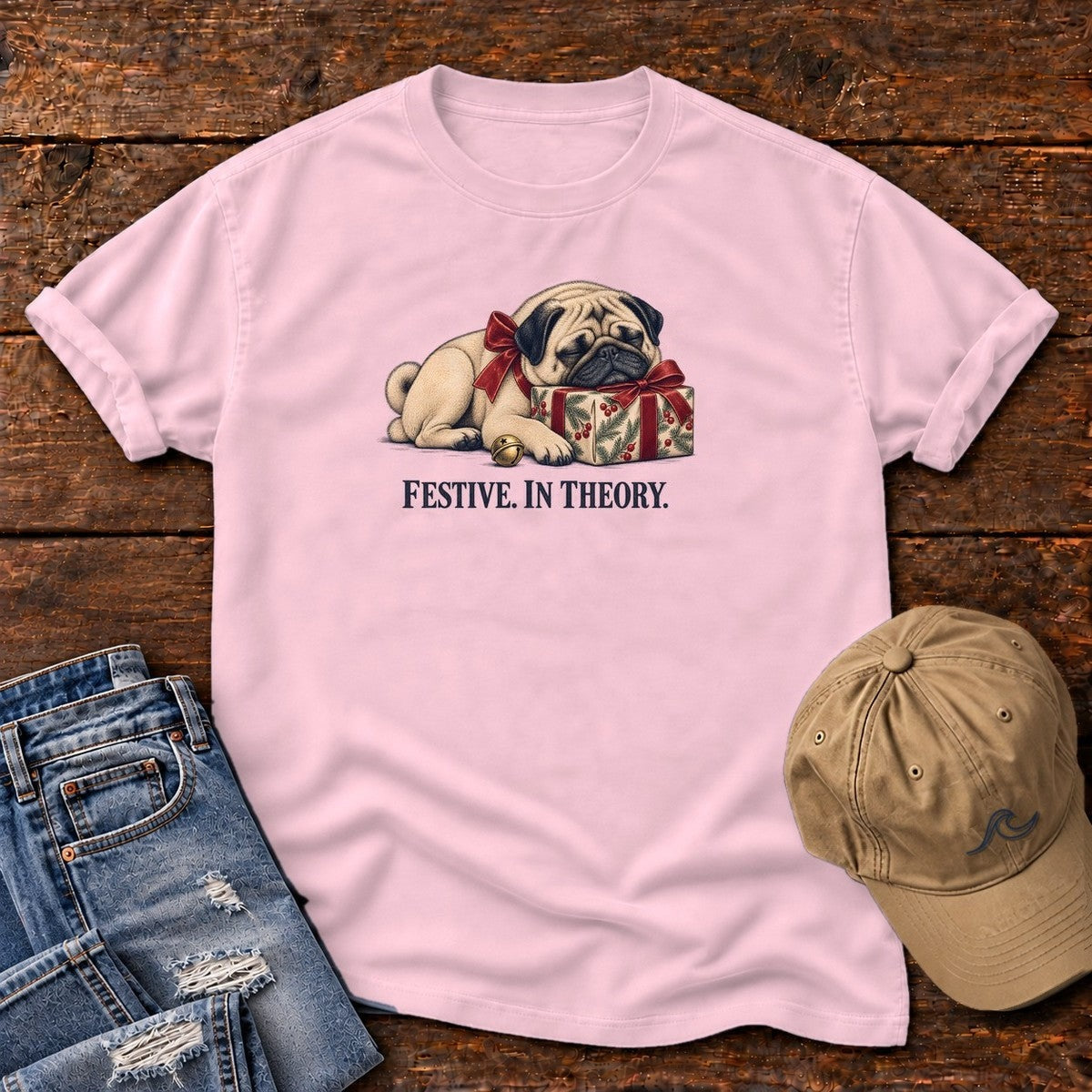 Festive in Theory Pug T-Shirt in Blossom, Salty Paws Comfort Colors T-Shirt, front design flat lay